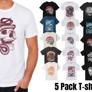 Men's 5 Pack Printed T-Shirt 100% Cotton Heavy Blend Tee