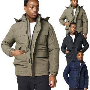 Men's Hooded Utility Jacket Winter Cargo Pocket Outdoor Padded Coat