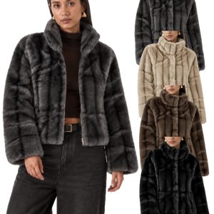 Womens Faux Fur Jacket High Neck Full Zip Up Soft Warm Winter Coat