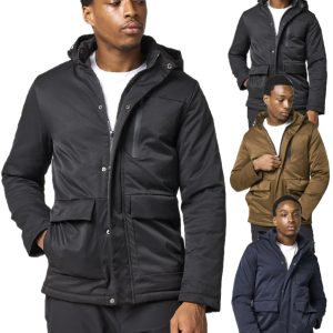 Men's Padded Hooded Winter Jacket Utility Cargo Pocket Full Zip Warm Coat